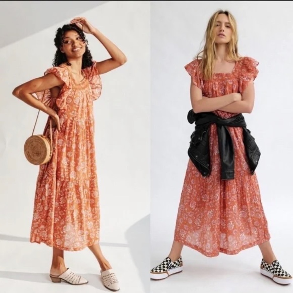 NWT Free People Bonita Printed Midi Dress Neutral Combo S